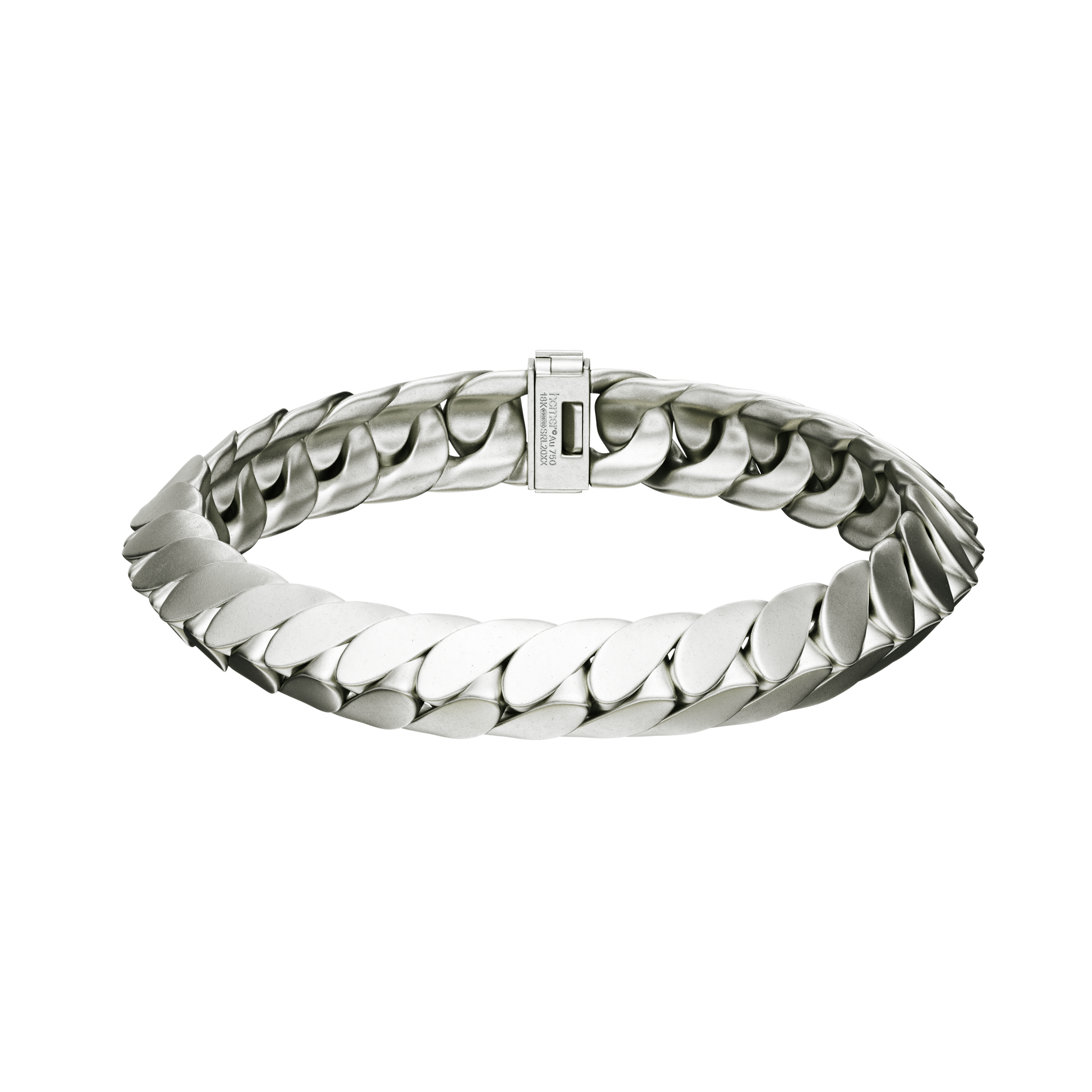 A detail of Convex Link Bracelet in Matte White Gold